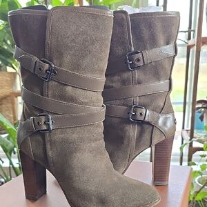 Coach Brown Suede Heeled Boots with Buckles